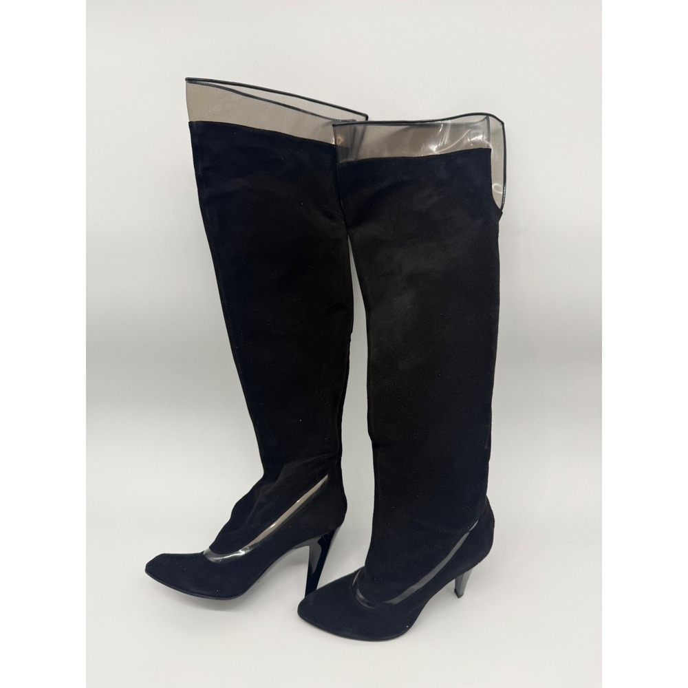 Casadei 4842C Black Suede Clear PVC Knee High Boots EU 37 US 7 Italy Rare